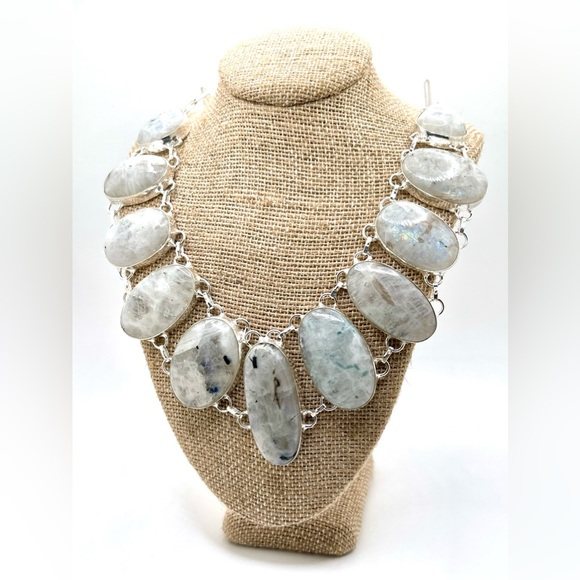 Oval Shape Rainbow Moonstone Necklace - Picture 4 of 12